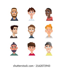 Male avatar set in modern flat cartoon style. Vector illustration