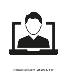 Male Avatar Silhouette Icon on Laptop Screen. Online Communication or Video Call, Virtual Meetings and Remote Interaction. Isolated Vector Illustration.