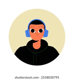 Male Avatar Wearing Headphones In Flat Vector Illustration Symbolizing Listening To Music And Relaxation, Isolated On White Background