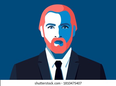 Male avatar. Young bearded man with red hair and blue eyes, in black suit and tie, full face portrait. Vector illustration