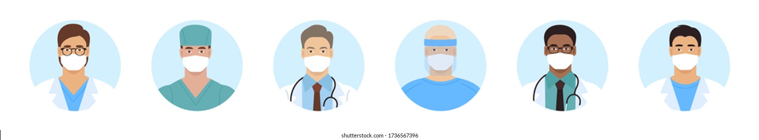 Male avatars. Man as doctor or nurse, hospital staff flat vector set. Male characters in medical uniform and face masks. Man wear protective surgical mask against infectious diseases. 