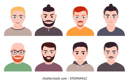 male avatars, portraits. collection of icons on a white background. vector illustration. a man, a boy.