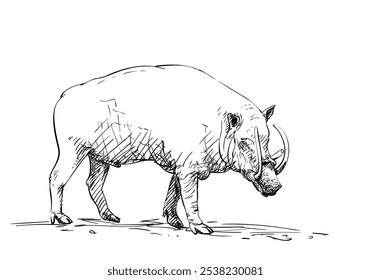 Male babirusa or deer-pig animal of swine family species found in the Indonesian islands with the upper tusks grow though the top of its snout, Hand drawn illustration, Vector sketch