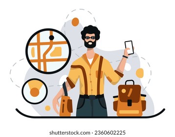 Hombre con mochila usando navegador GPS. Turista buscando la ruta correcta, usando un moderno gadget. Ilustración vectorial plana en colores amarillos en estilo de dibujos animados