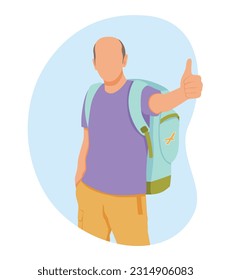 Male backpacker overseas, discovering new places, exciting journey. Bald elderly man goes on trip. Preparation of luggage for air travel. Excellent reviews about trip