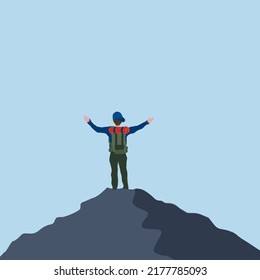 male backpacker standing on the top of the mountain spreading his arms. Outdoor live style illustration vector