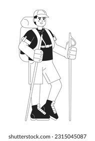 Male backpacker with trekking poles monochromatic flat vector character. Happy man with hiking staff. Editable thin line full body person on white. Simple bw cartoon spot image for web graphic design