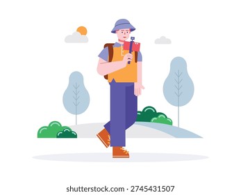 A male backpacker is vlogging while enjoying trekking and vlogging nature. Character design. Vector flat illustration.
