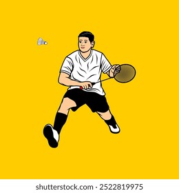 jogador de badminton masculino bloqueia um adversário de shuttlecock esmagar desenho animado vetor ilustração