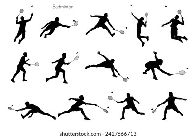 Male badminton player character silhouette isolated on white background with paper texture. Friends playing sports for fun badminton player in action