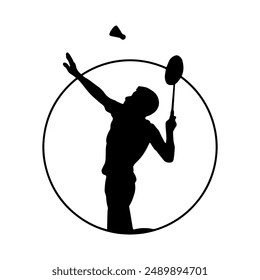 Male Badminton Player Silhouette with Circle Round Frame Icon. Badminton Athlete Jump Smash the Shuttlecock. Olympic Game Sport Shadow Isolated on White Background Illustration Vector EPS 10