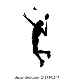 Male Badminton Player Silhouette Icon. Badminton Athlete Jump Smash the Shuttlecock. Olympic Game Sport Shadow Isolated on White Background Illustration Vector EPS 10