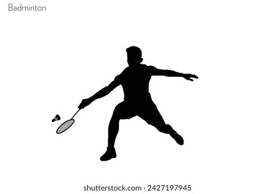 Silueta masculina del jugador de bádminton aislada sobre fondo blanco. Juega deportes para divertirse jugador de bádminton en acción