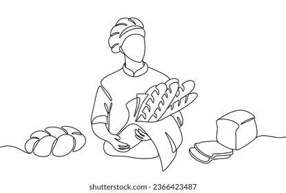 Male baker with baguettes in his hands World Bread Day. One line drawing for different uses. Vector illustration.