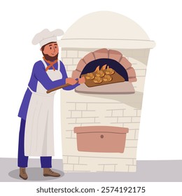 A male baker bakes buns in a brick oven in a flat vector illustration symbolizing baking, culinary art and traditional baking isolated on a white background