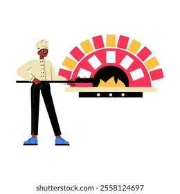 Male Baker Baking Bread In Brick Oven In Flat Vector Illustration Symbolizing Baking, Culinary Art, And Traditional Bread Making, Isolated On White Background