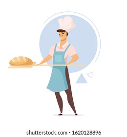 Male baker with bread flat color vector illustration. Baked products. Bakery. Bread production. Bake shop. Food industry. Man with baking paddle. Isolated cartoon character on white background