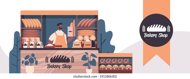 male baker holding bag with baguettes man in uniform selling fresh bakery products in baking shop portrait horizontal vector illustration