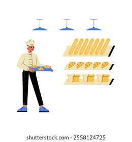 Male Baker Holding Fresh Croissants In Flat Vector Illustration Symbolizing Baking, Freshly Baked Goods, And Artisan Bakery, Isolated On White Background