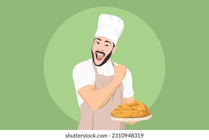 Male baker holding a plate with several pieces of bread on it isolated. dry bread. sweet bread. bread on plate.