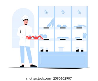 Male Baker Holding a Tray of Freshly Baked Goods in a Bakery. Flat Vector Illustration Symbolizing Baking, Pastry Business, and Culinary Profession, Isolated on White Background