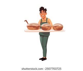 male baker with loaves of freshly baked bread on white background