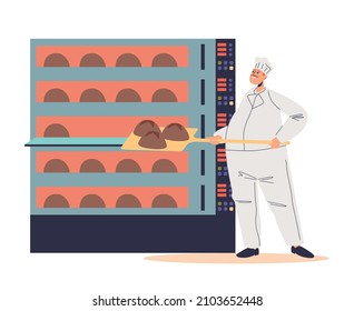 Panadería masculina poniendo pan crudo al horno industrial. Hombre trabajando en la producción de pan y bollería. Concepto de la industria de panadería. Dibujo vectorial plano de dibujos animados