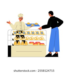 Male Baker Serving Pastries To A Customer At A Bakery Counter In Flat Vector Illustration Symbolizing Baking, Hospitality, And Culinary Arts, Isolated On White Background.