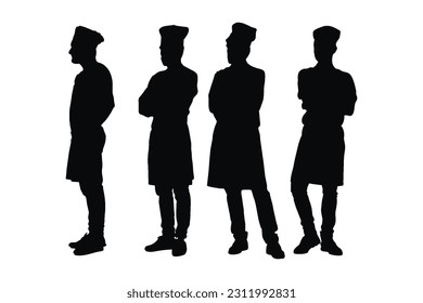 Silhouette de panadería masculina sobre un fondo blanco. Panadería y colección de siluetas de chef. Hombre haciendo panaderos con uniformes y fardos de silueta. Panadero masculino con caras anónimas usando sombreros de chef.