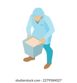 Male baker in uniform carrying container with dough 3d isometric vector illustration