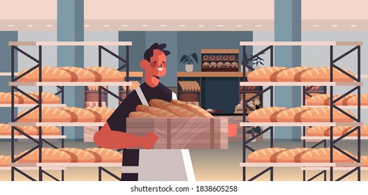 male baker in uniform holding baguettes bakery products baking manufacture concept portrait horizontal vector illustration