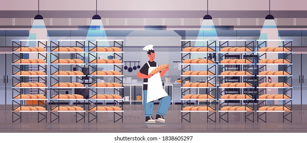 male baker in uniform holding bread bakery products baking manufacture concept full length horizontal vector illustration