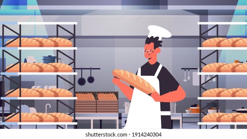 male baker in uniform holding bread bakery products baking manufacture concept portrait horizontal vector illustration