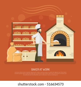 Male baker working in bakery with bread on shelves flat vector illustration