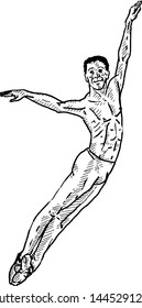 A male ballet dancer performing a Tour en l'air leap. Hand drawn vector illustration. 