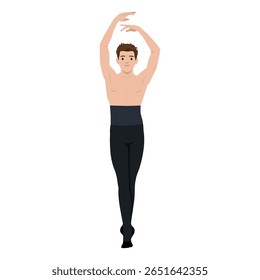Male ballet dancer strikes a graceful pose with arms raised and posture aligned. Flat vector illustration isolated on white background