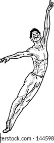 A male ballet danseur performing an Assemble leap. Hand drawn vector illustration. 