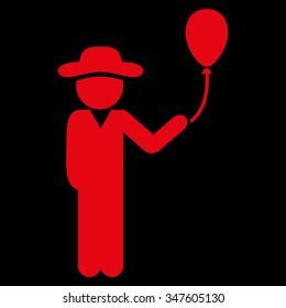 Male With Balloon vector icon. Style is flat symbol, red color, rounded angles, black background.