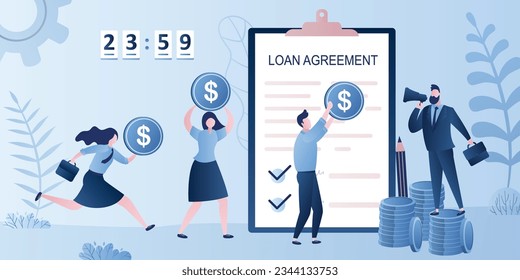 Male bank clerk with loudspeaker. Various people pay loans. Businesspeople holding dollar coins. Last day of payment. Paper loan agreement on background. Trendy vector illustration