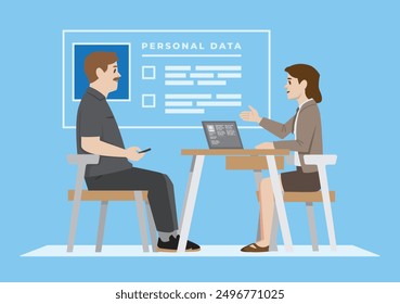 male bank client have consultation talk to female customer service and have background check