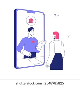 Consultora Bancária Masculina Assistindo Cliente Feminino Na Ilustração De Vetor Plano Simbolizando Serviço Bancário On-Line, Finanças Virtuais E Suporte Ao Cliente, Isolada Em Fundo Branco.