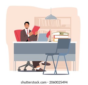 Male Bank Worker Sitting at Table Workplace Holding Folder in Hands. Banking Assistant, Service Providing to Customers, Accountant or Lawyer Office Department. Cartoon People Vector Illustration