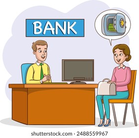 Male banker working with a female client. Manager advising a client. Flat vector illustration.