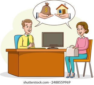 Male banker working with a female client. Manager advising a client. Flat vector illustration.