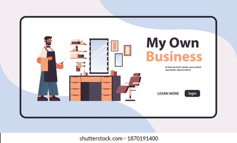 male barber character in uniform barbershop own business concept horizontal full length copy space vector illustration