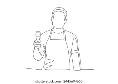 Male barber holding shaving machine.Business small one-line drawing