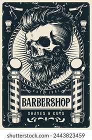 Male barbershop vintage poster monochrome with bearded skull and two hairdressing pillars to decorate barber shop window vector illustration