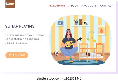 Male bard playing guitar vector illustration. Daddy with ukulele sings songs to child at night. Father puts baby to bed to sleep. Musician playing strings on instrument. Family rest together