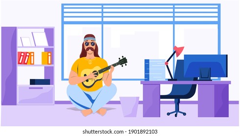 Male bard sitting with ukulele in office. Musician plays strings on instrument. Person creates music. Guitarist composes songs and plays his own melody on guitar. Mustachioed man singing at workplace