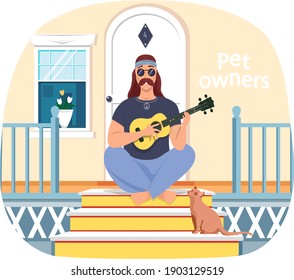 Male bard sitting with ukulele on doorstep. Cat listens to masters singing. Musician plays strings on instrument. Person creates music. Guitarist composes songs and plays his own melody on guitar